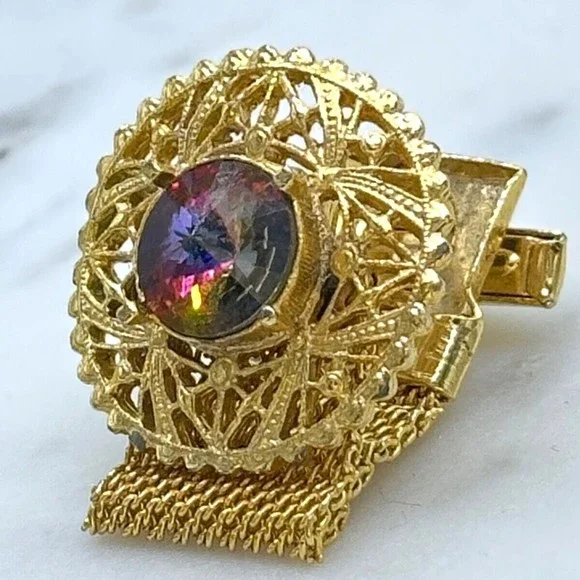 Vintage Round Prismatic Rivoli Gem Gold Tone Mesh Wrap Around Single Cufflink - Picture 4 of 12